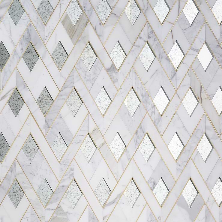 Zeta Mirror Silver Polished Marble- Antique Mirror and Brass Waterjet Mosaic Tile