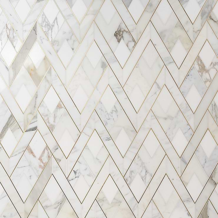 Zeta Bianco White Polished Marble and Brass Waterjet Mosaic Tile