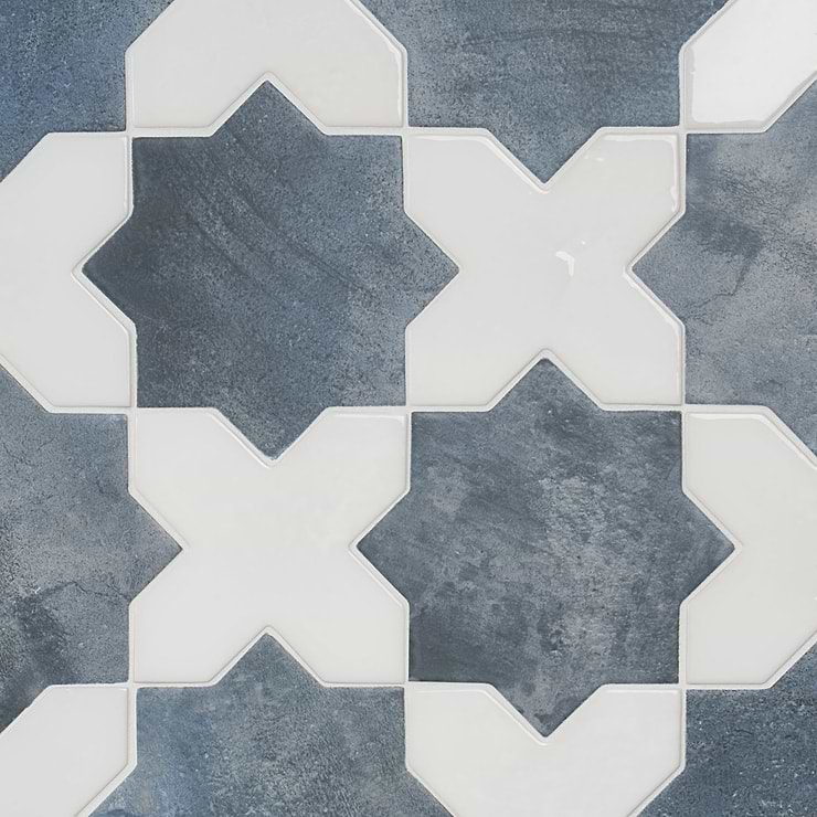 Parma Denim Blue Matte Star and White Polished Cross 6" Terracotta Look Porcelain Tile