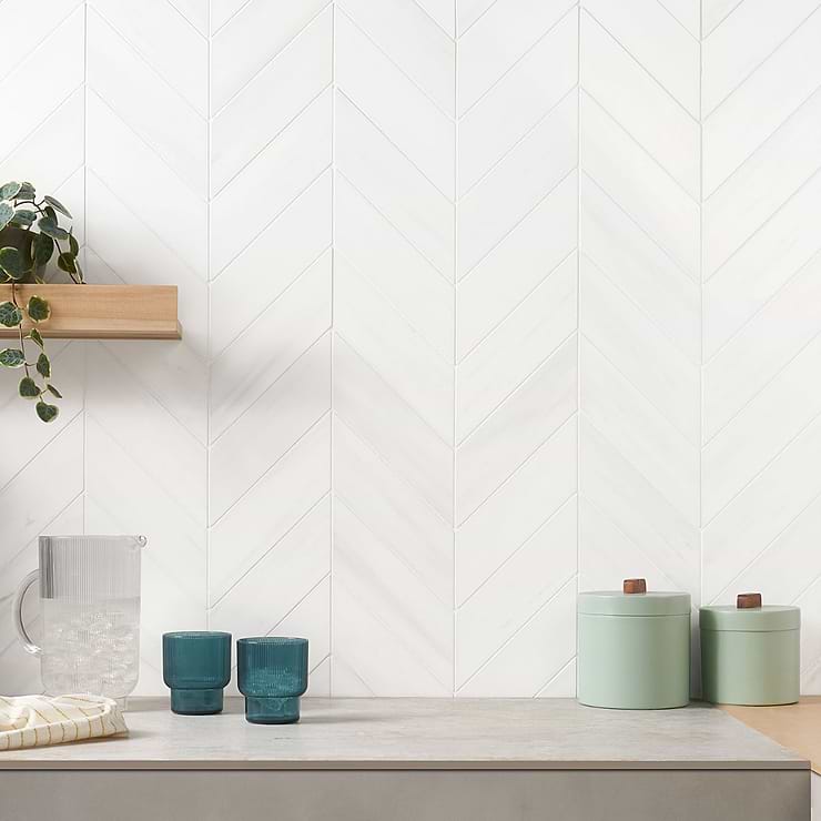 Bianco Dolomite White 3x12 Chevron Premium Polished Marble Tile