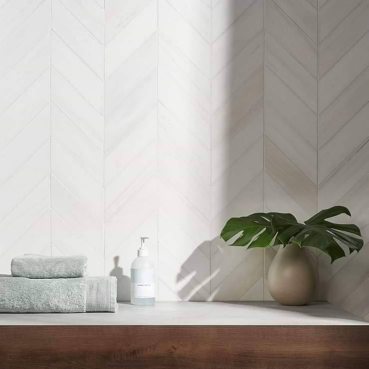 Bianco Dolomite White 3x12 Chevron Premium Honed Marble Tile