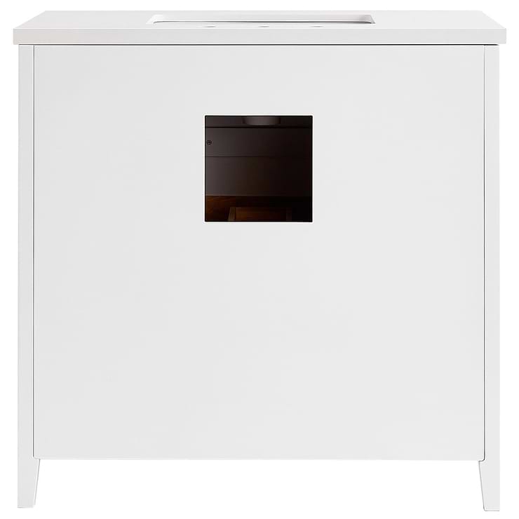 Iconic 36" White and Silver Vanity with Pure White Quartz Top and Ceramic Basin