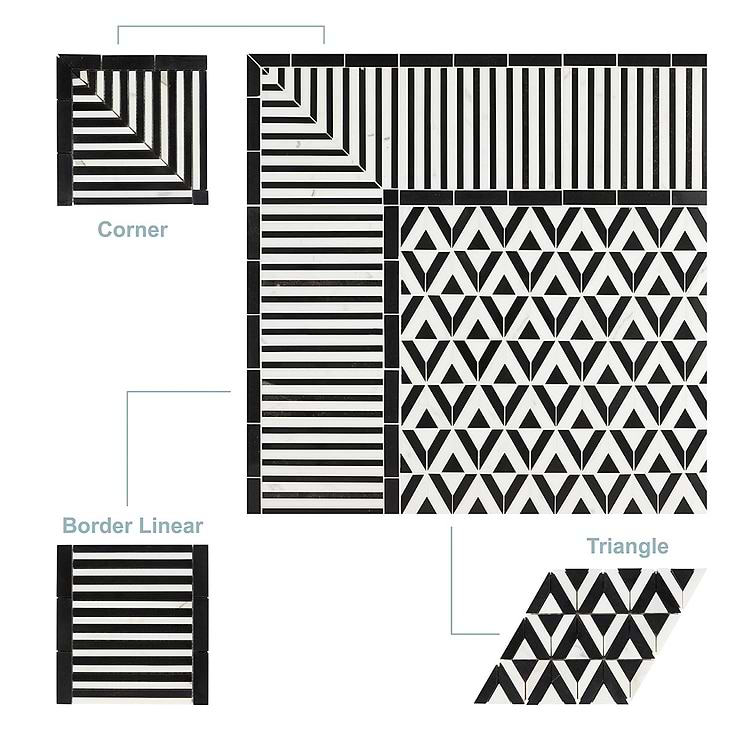 Monroe Corner Calacatta and Black Jade 8x8 Marble Mosaic Tile- Polished