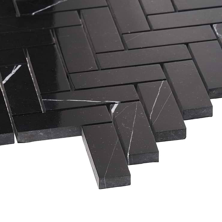 Nero Marquina 1x3 Herringbone Polished Marble Mosaic Tile