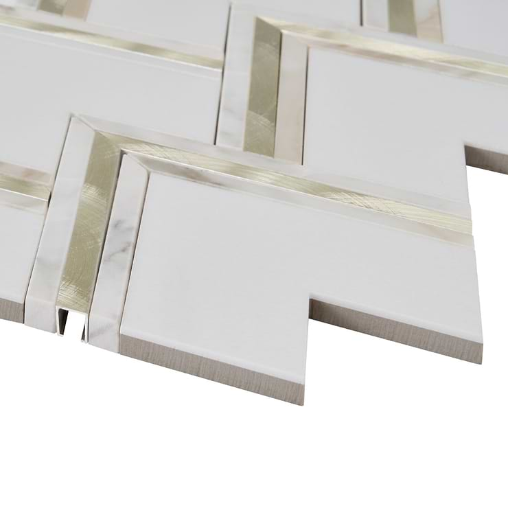 VZAG White and Gold 6" Polished Marble & Brass Mosaic Tile by Vanessa Deleon