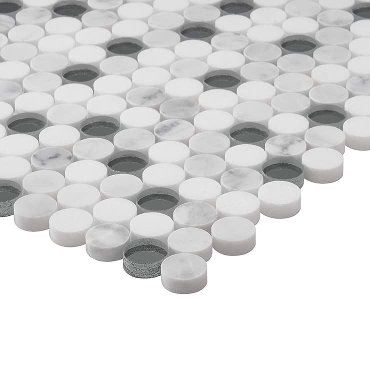 Reflection White Carrara Thassos Marble & Mirror 1" Penny Round Polished Mosaic Tile