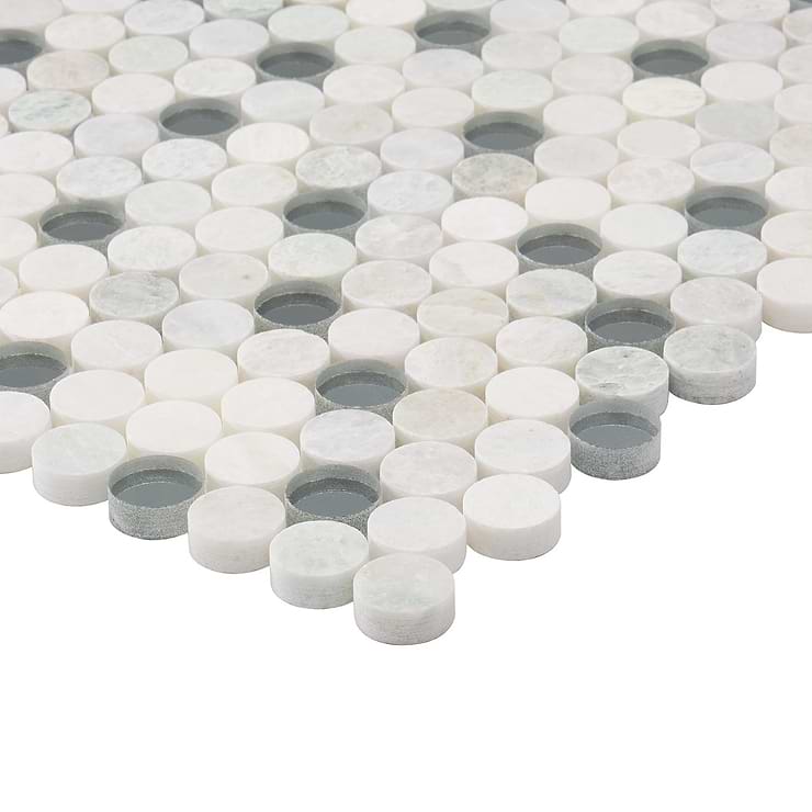 Reflection Ming Green With Mirror 1" Penny Round Polished Marble & Glass Mosaic Tile