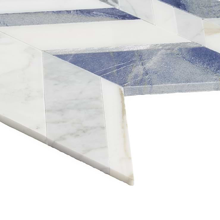 Amari Azur Polished Marble and Aluminum Chevron Mosaic Tile- Blue- White- Silver