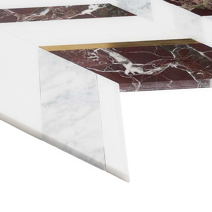 Amari Bordeaux Polished Marble and Brass Chevron Mosaic Tile