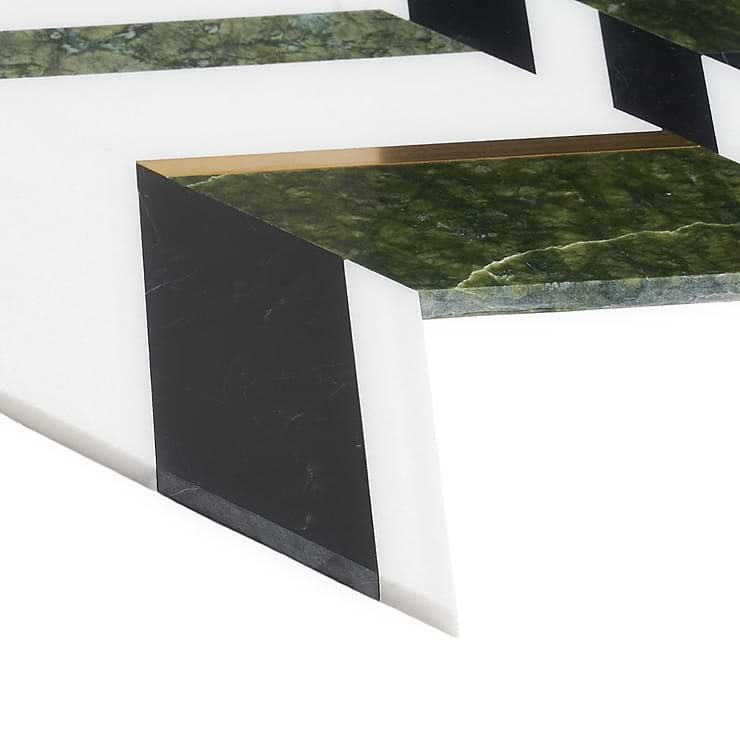 Amari Verde Green Jade Polished Marble and Brass Chevron Mosaic Tile