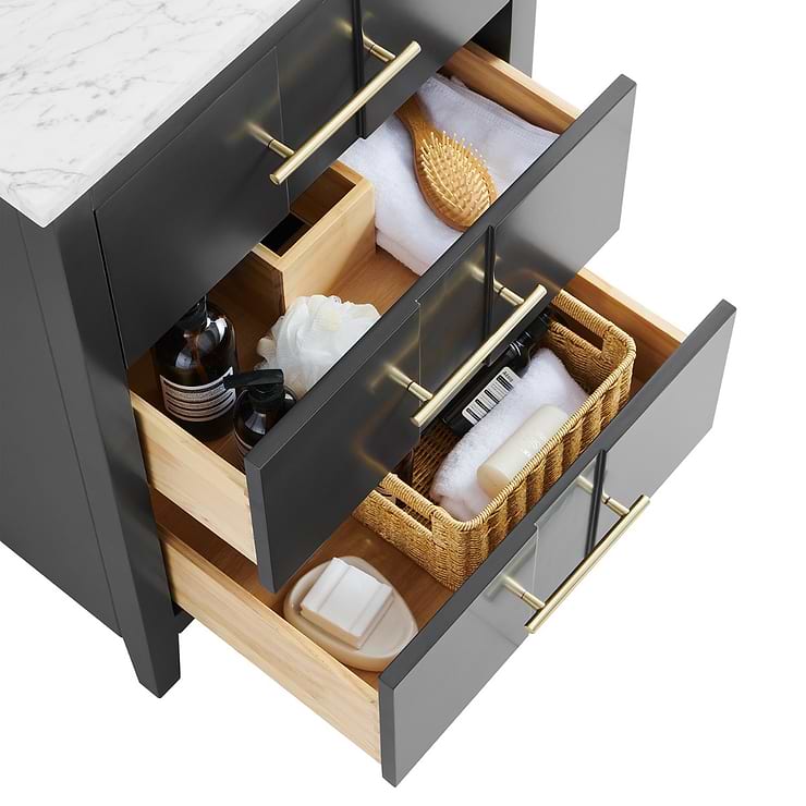 Iconic 24" Charcoal and Gold Vanity with Carrara Marble Top and Ceramic Basin