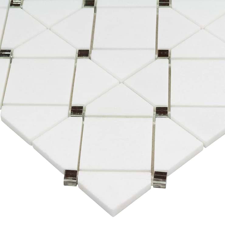 Euphoria Glass Limelight Silver Diamond Honed Thassos Marble Mosaic Tile