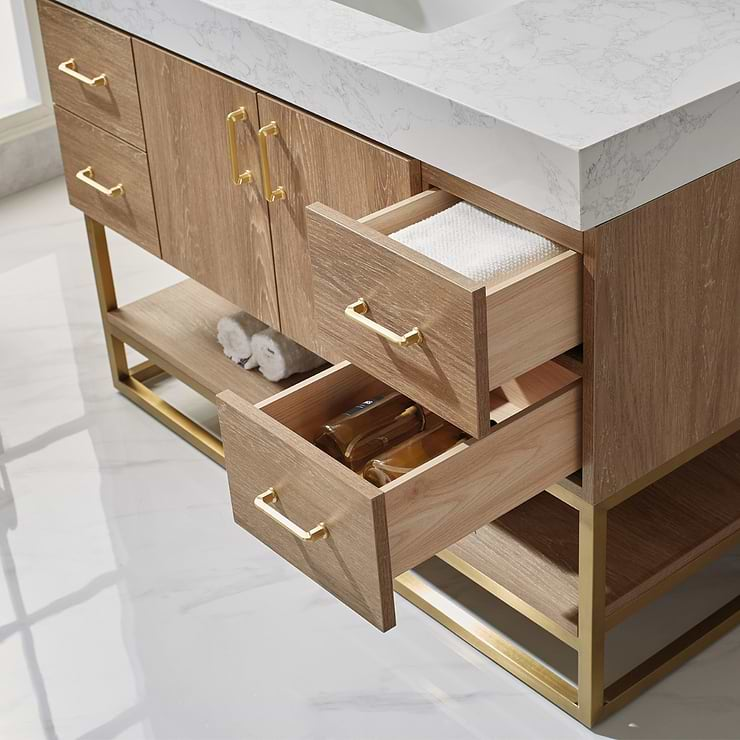 Ithica White Oak 48" Single Vanity and Gold Hardware with Atlantic Stone Top