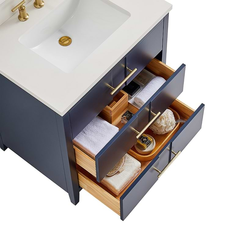 Iconic 30" Navy and Gold Vanity with Pure White Quartz Top and Ceramic Basin