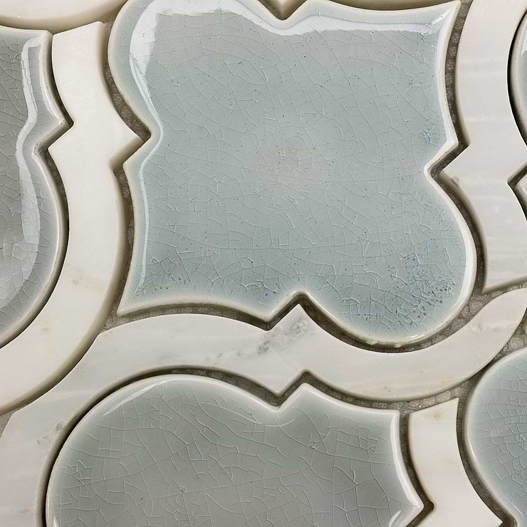 Nabi Arabesque Arctic Blue 4" Crackled Mixed Finish Glass & Marble Mosaic Tile