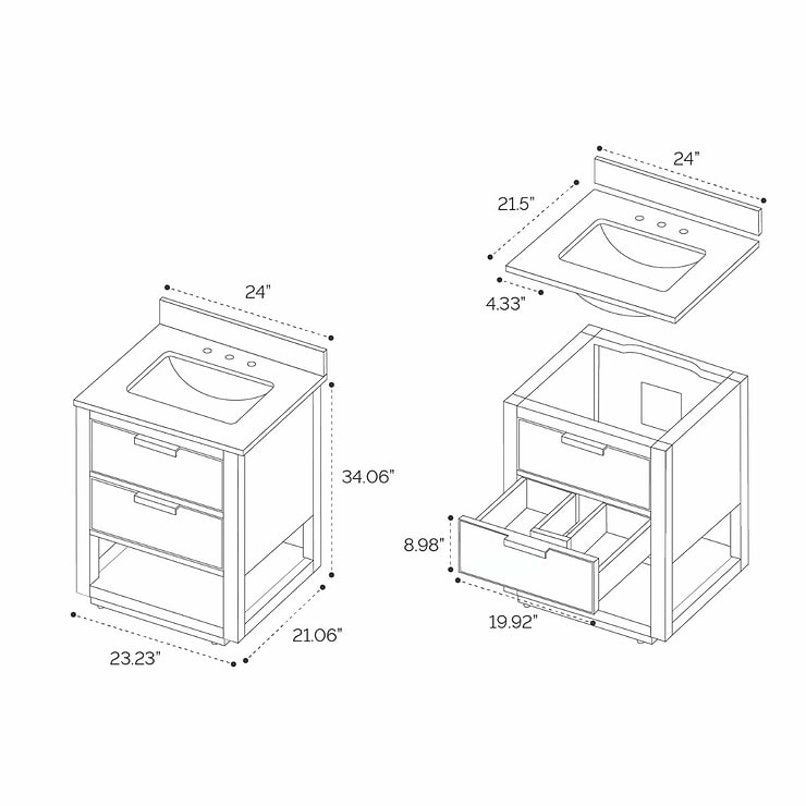 Dayton 24" Woodgrain Vanity with Pure White Quartz Top and Ceramic Basin