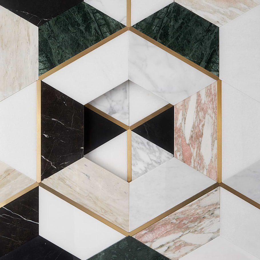 Decade Nero Blanco Polished Marble and Brass Mosaic Tile