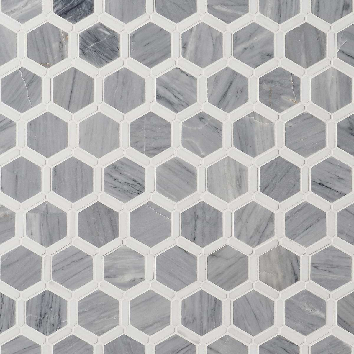 Florentine Halley Gray & White Thassos 2" Hexagon Polished Marble Mosaic Tile