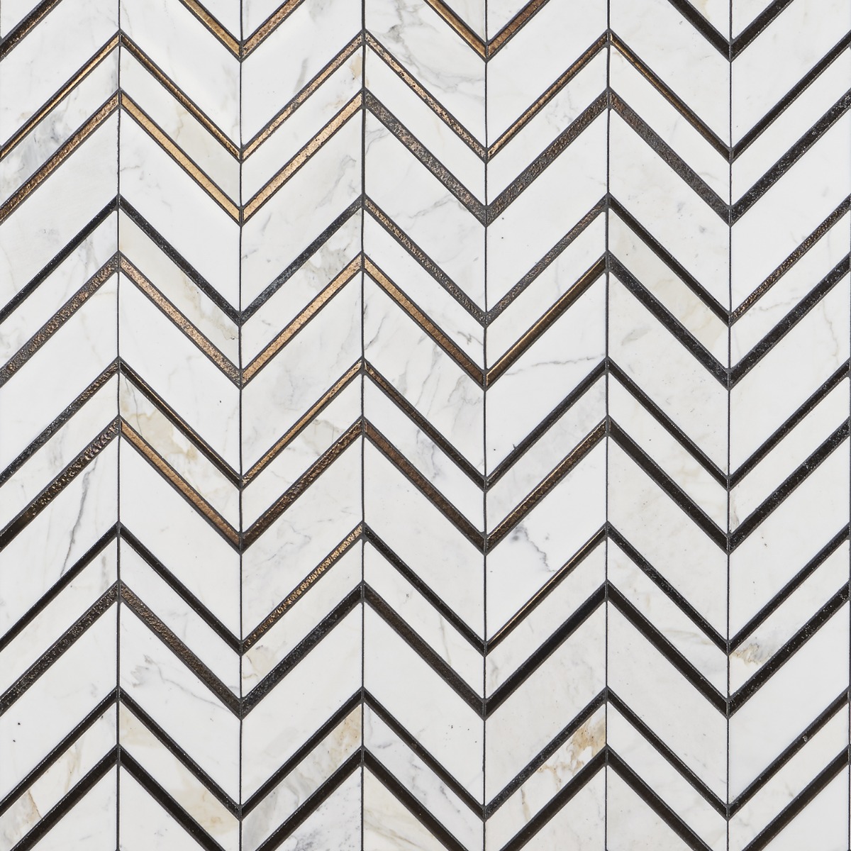 Magma Chevron Florence Bronze & White Polished Calacatta Marble & Lava Stone Mosaic Tile