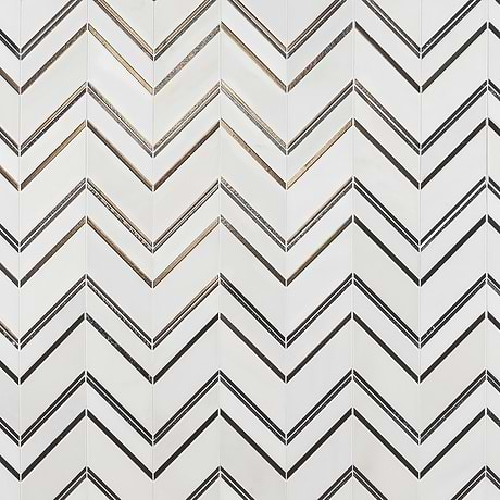 Magma Chevron Palermo White Marble and Bronze Lava Stone Polished Mosaic Tile