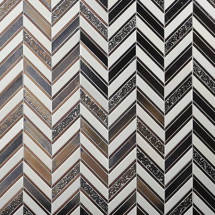 Magma Chevron Susa Bronze Black & White Asian Statuary Marble & Lava Stone Polished Mosaic Tile