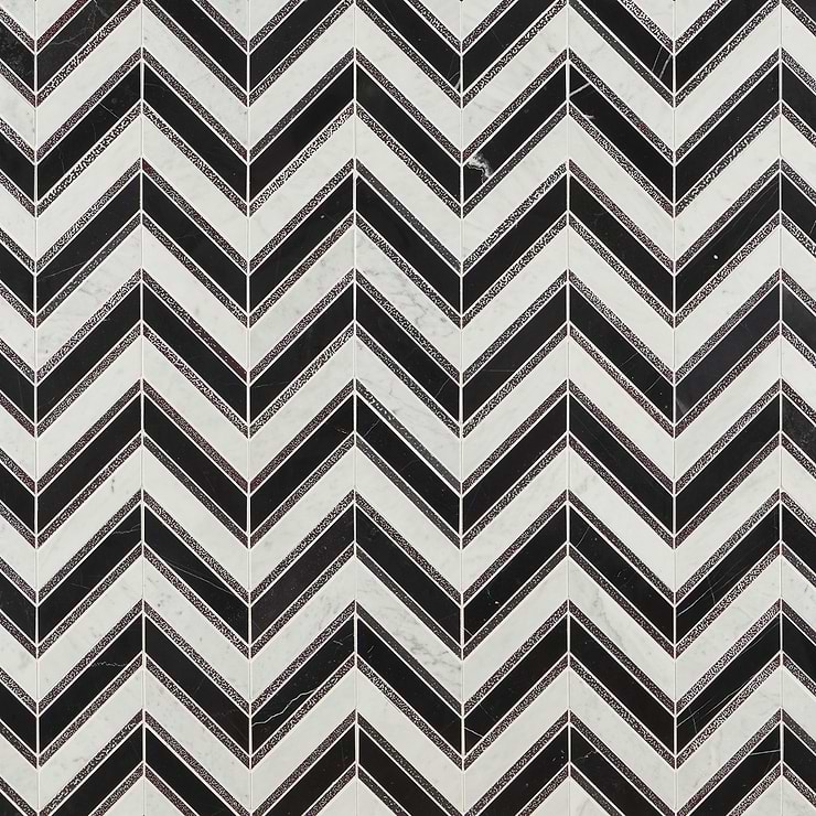 40 Sheet Scrap Lot: Magma Chevron Verona Black & White Marble & Lava Stone Polished Mosaic Tile
