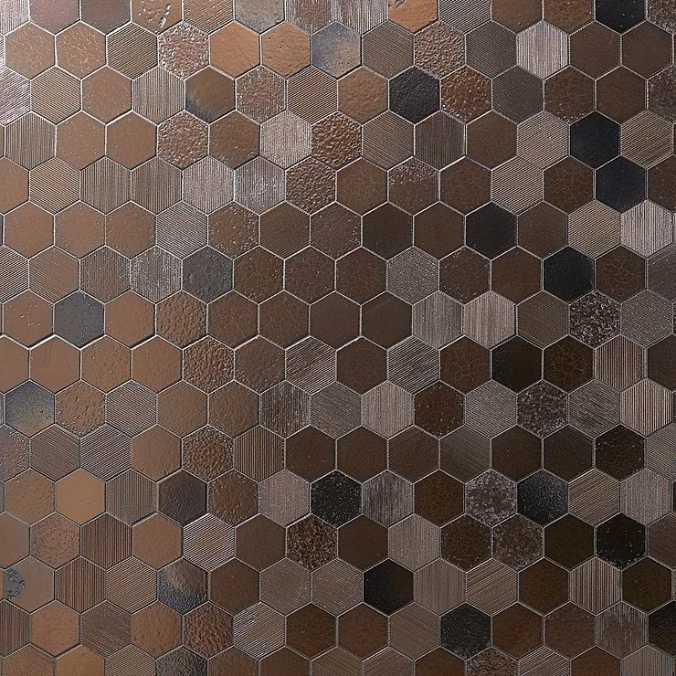 Magma Hexagon Mixed Bronze 3" Polished Lava Stone Mosaic Tile