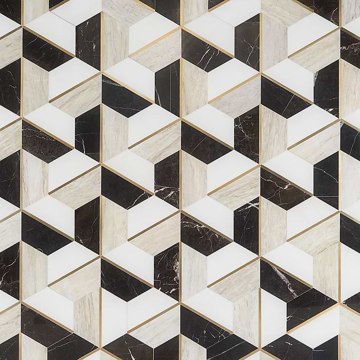 Decade Saint Laurent Beige Polished Marble and Brass Mosaic Tile