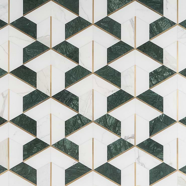 Decade Verde Polished Marble and Brass Mosaic Tile