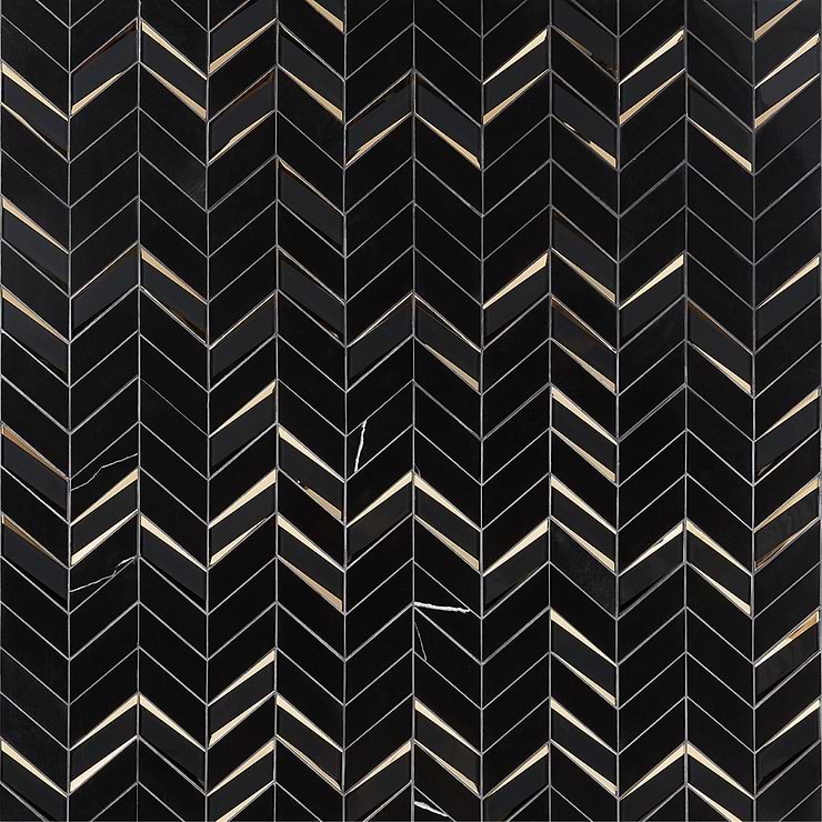 Kasol Portoro Black 2x4 Marble and Mirrored Glass Polished Mosaic Tile