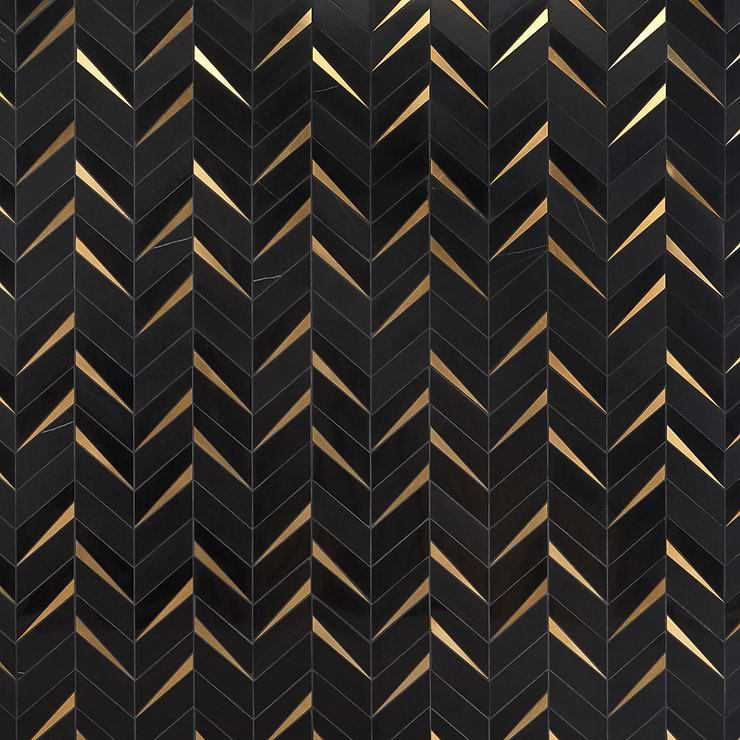 Vara Nero Polished Marble and Brass Mosaic Tile