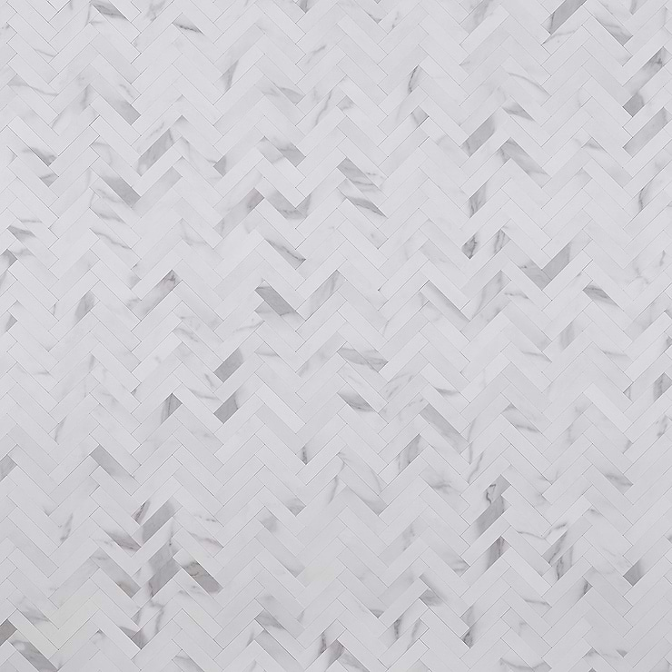 Calacatta LPS White Herringbone Seamless Solid Core Peel & Stick Self Adhesive Marble Look Matte Mosaic Tile