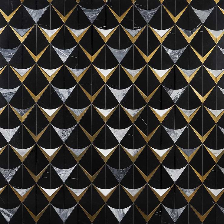 Regis Nero Waterjet Polished Marble Mosaic Tile- Black and Brass
