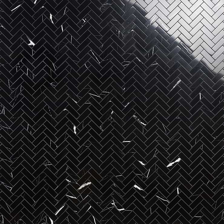 Nero Marquina 1x3 Herringbone Polished Marble Mosaic Tile