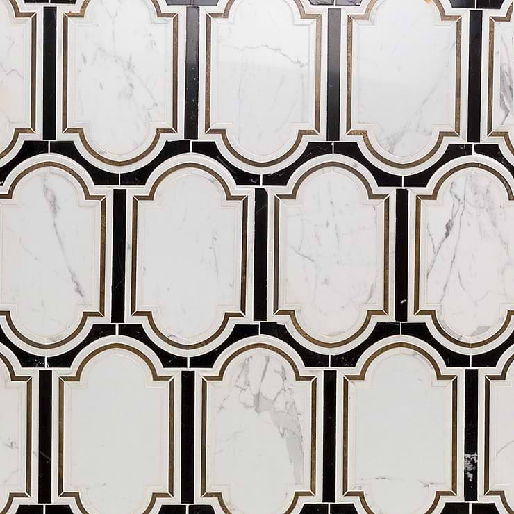 Inara Cavalier Brass & Polished Calacatta and Black Jade Marble Tile