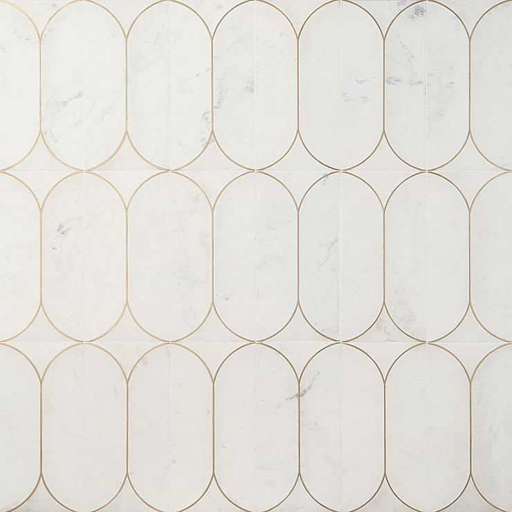 Calypso 3D Carved Bianco White Brass Inlay 8x16 Textured Honed Marble Limestone Tile