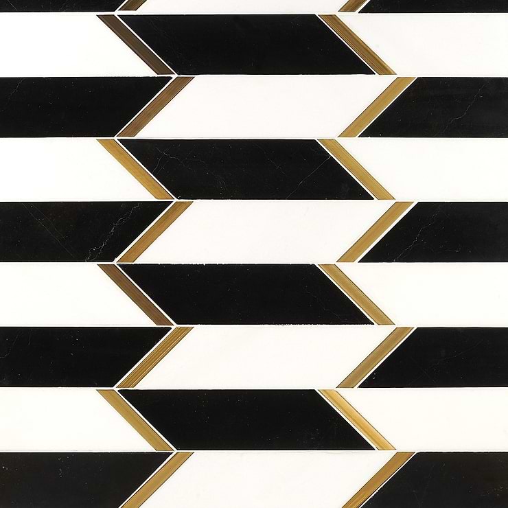 Fitz Classic Black & White Polished Marble & Brass Mosaic Tile
