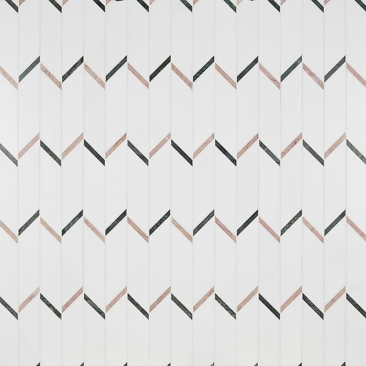 Fitz White Thassos Vera Polished Marble Mosaic Tile- Green and Pink Stripes