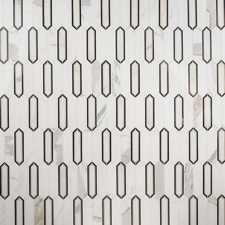 Zeus White Calacatta 2x8 Picket Polished Marble and Brass Waterjet Mosaic Tile