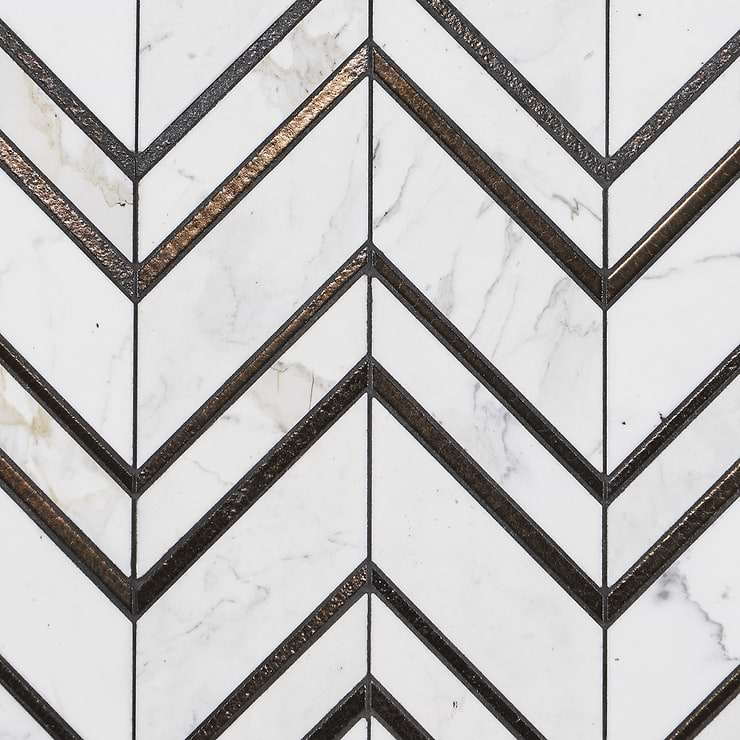 Magma Chevron Florence Bronze & White Polished Calacatta Marble & Lava Stone Mosaic Tile