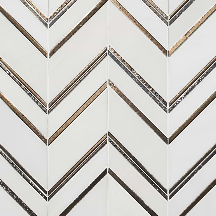 Magma Chevron Palermo White Marble and Bronze Lava Stone Polished Mosaic Tile