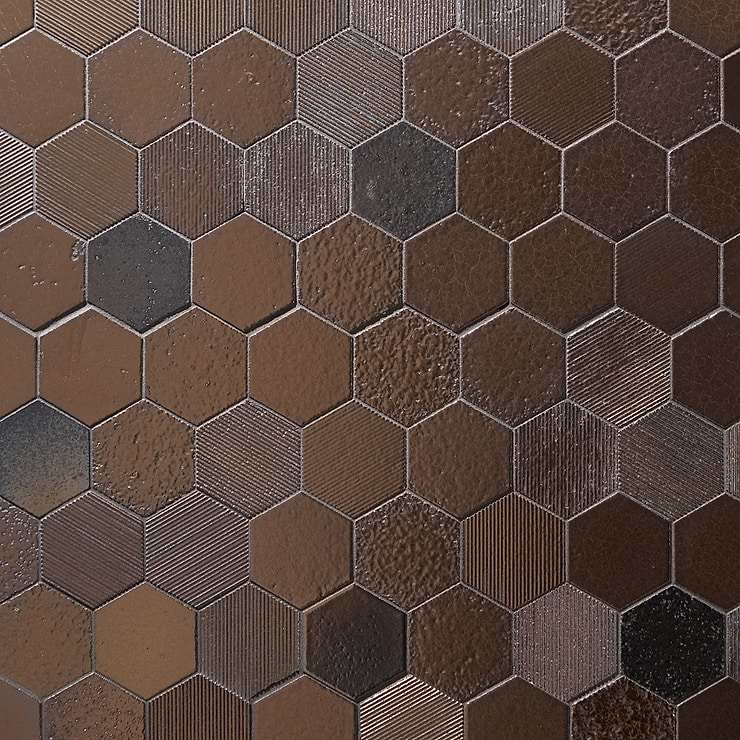 Magma Hexagon Mixed Bronze 3" Polished Lava Stone Mosaic Tile