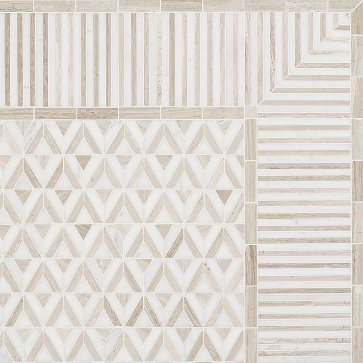 Monroe Border Asian Statuary and Wooden Beige 7.87x8.30 Polished Marble Mosaic Tile