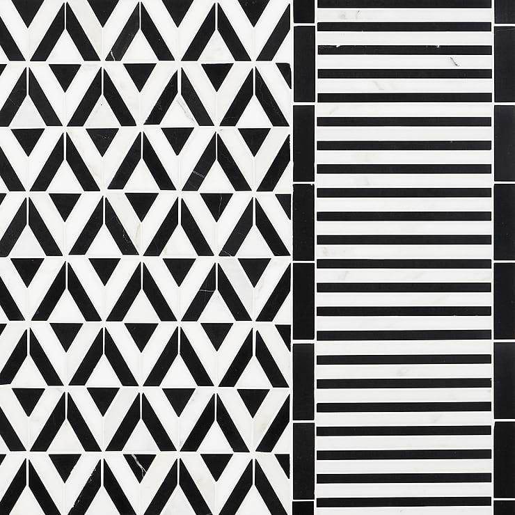 Monroe Triangle Calacatta and Black Jade Polished Marble Mosaic Tile