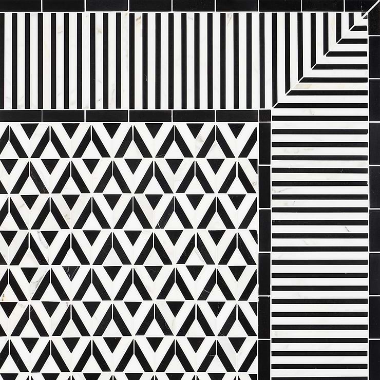 Monroe Border Calacatta and Black Jade 7.87x8.30 Marble Mosaic Tile