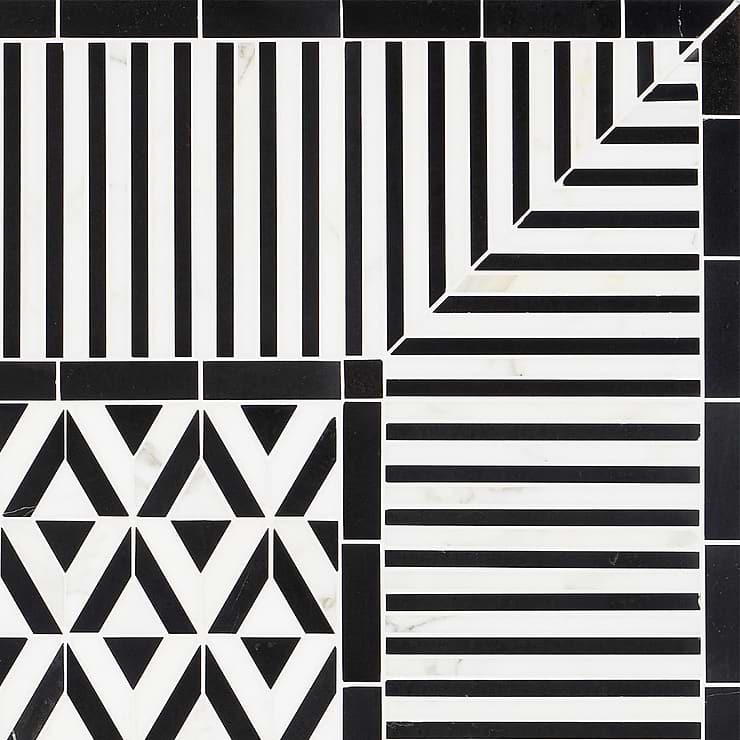 Monroe Corner Calacatta and Black Jade 8x8 Marble Mosaic Tile- Polished