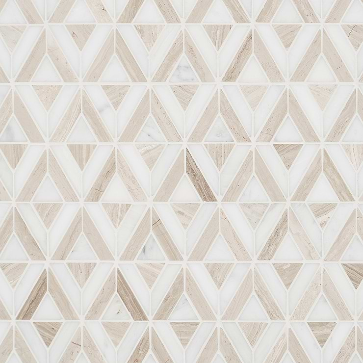 Monroe Triangle Asian Statuary and Wooden Beige Marble Mosaic Tile