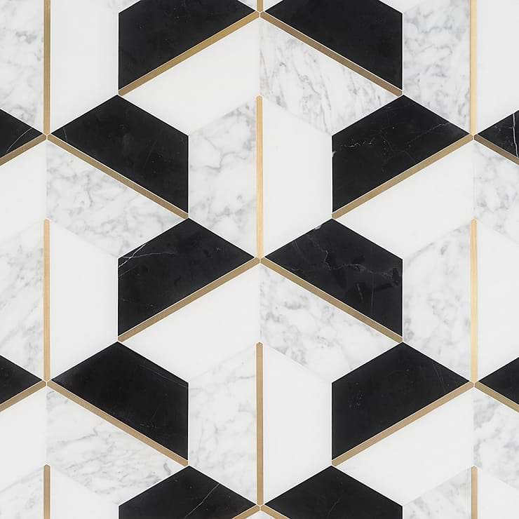 Decade Nero Blanco Polished Marble and Brass Mosaic Tile