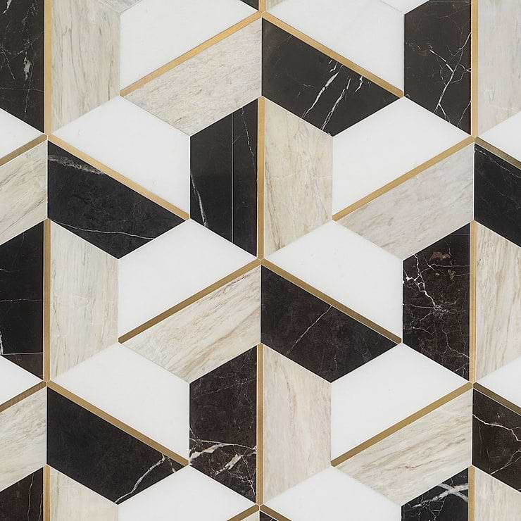 Decade Saint Laurent Beige Polished Marble and Brass Mosaic Tile