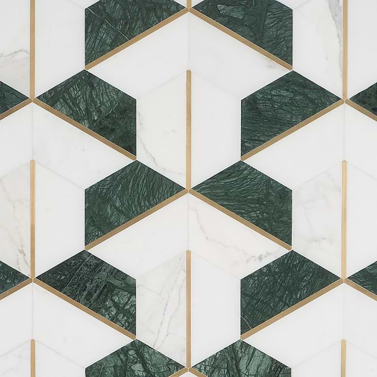 Decade Verde Polished Marble and Brass Mosaic Tile